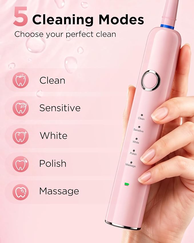 Rtauys Rotating Electric Toothbrush for Adults with 8 Brush Heads (2 Types), 5 Modes Rechargeable Power Toothbrush with Travel Case and 2 Minute Smrte Timer (Pink)