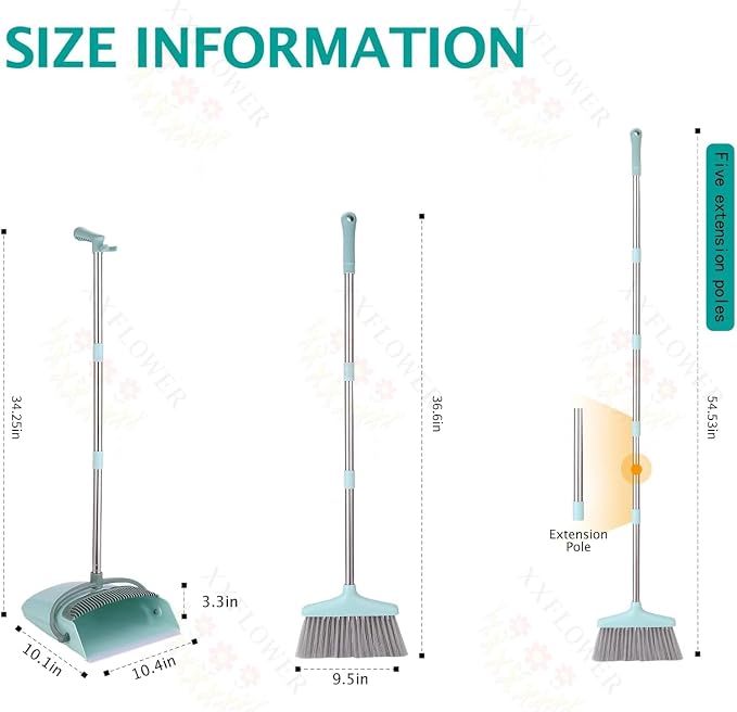 XXXFLOWER Broom and Dustpan Set with Cleaning Teeth, 54.5" Long Handle Indoor Sweeping Combo for Home Office Kitchen, Bluish Green