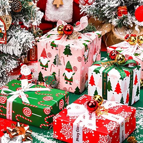 WRAPAHOLIC 30 Inch Christmas Wrapping Paper Roll - Jumbo Roll Red, Green and Pink Christmas Gnome Elf Holiday Collection - 4 Rolls - 30 Inch x 120 Inch Per Roll