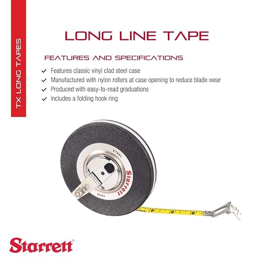 Starrett Closed Reel Long Line Tape with Nylon Rollers, Rewind Mechanism, and Folding Hook Ring - 50' Length, 3/8" Width, 1/16" Graduation, L3 Graduation Style Number - 530CI-600