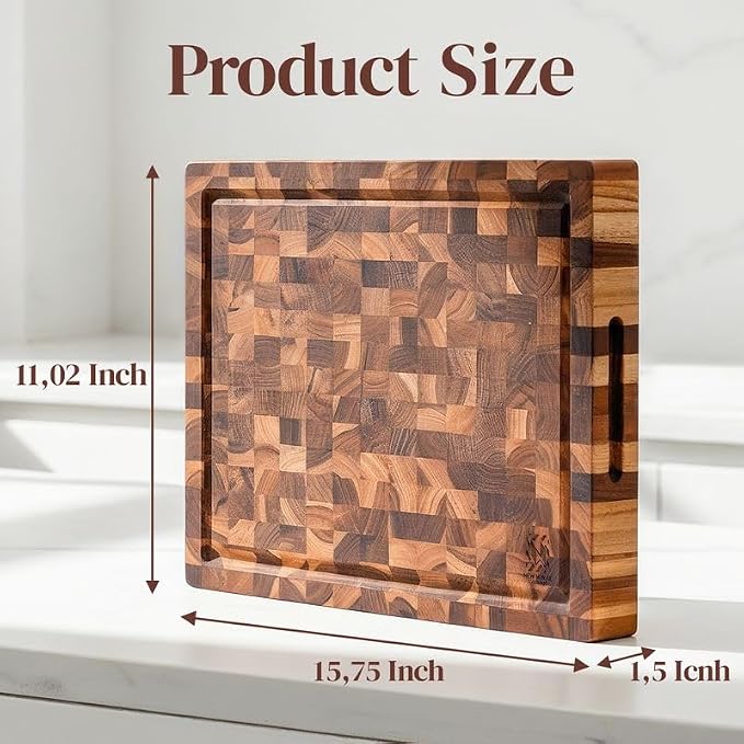 Teak Wood End Grain Cutting Board 16 x 11 Inch, Extra Thick 1.5 Inch Butcher Block for Meat & Kitchen Prep, Solid Non-toxic Wood Cutting Board with Juice Groove by New M Way