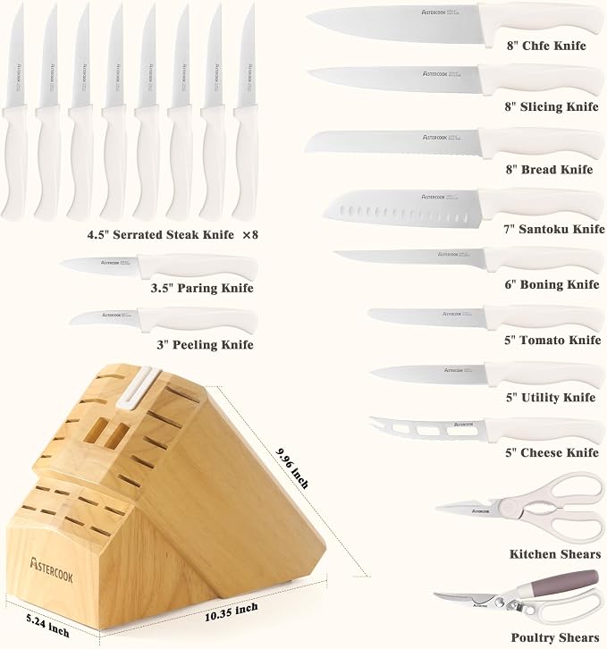 Knife Set, Astercook 22-Piece Kitchen Knife Set with Sharpener Block, High Carbon Stainless Steel Knives, Dishwasher Safe, Non-Slip Handle, Elegant Cream White Design, Perfect Holiday Gifts