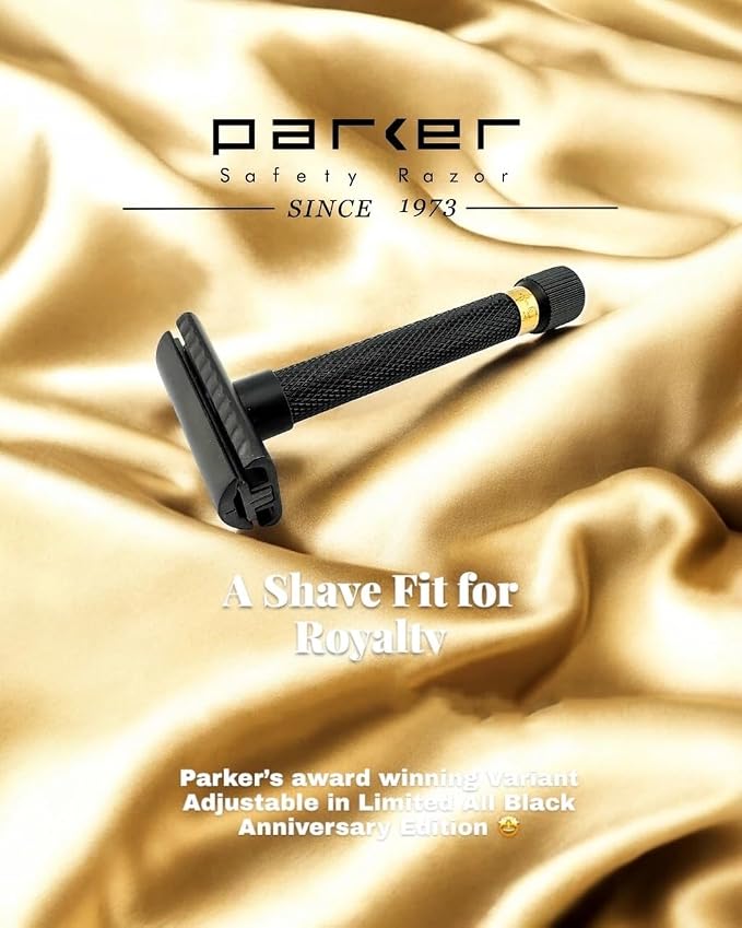 Parker Variant Adjustable Double Edge Safety Razor, Black and Gold | Solid Brass Two-Piece Razor Offers Five Adjustable Settings, Heavyweight Balance And A Distinctive Black-And-Gold Finish.