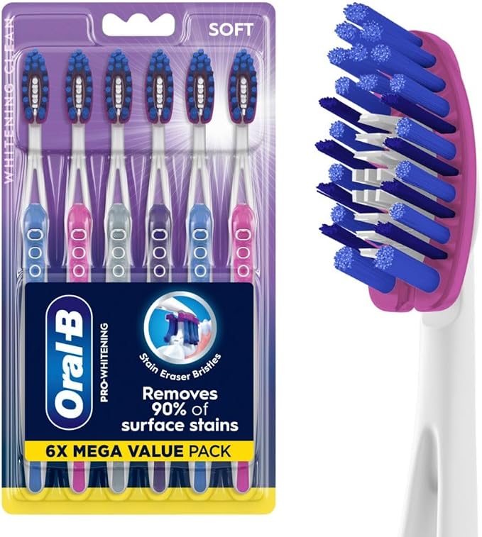 Oral-B 3D White Deep Stain Remover toothbrushes, 6 Count Toothbrush Soft, Removes 90% of Surface Stains, whitens Teeth, deep Reach, removes Plaque and Stains Tooth Brush