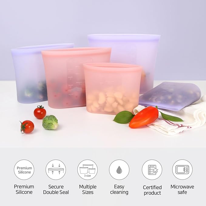 Reusable Silicone Food Storage Bags (Set of 3) – Leakproof Zip Seal, BPA-Free, Freezer & Microwave Safe – for Meal Prep, Snacks, Fruits, and More (Pink Set)