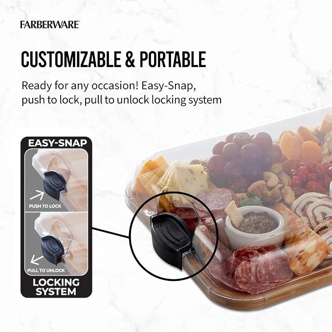 Farberware Bamboo Cutting Board with Clear Locking Lid, 11 x 14 Inch Build-A-Board Charcuterie Board with 6 Compartments for Food Prep, Snack Tray, and Entertaining