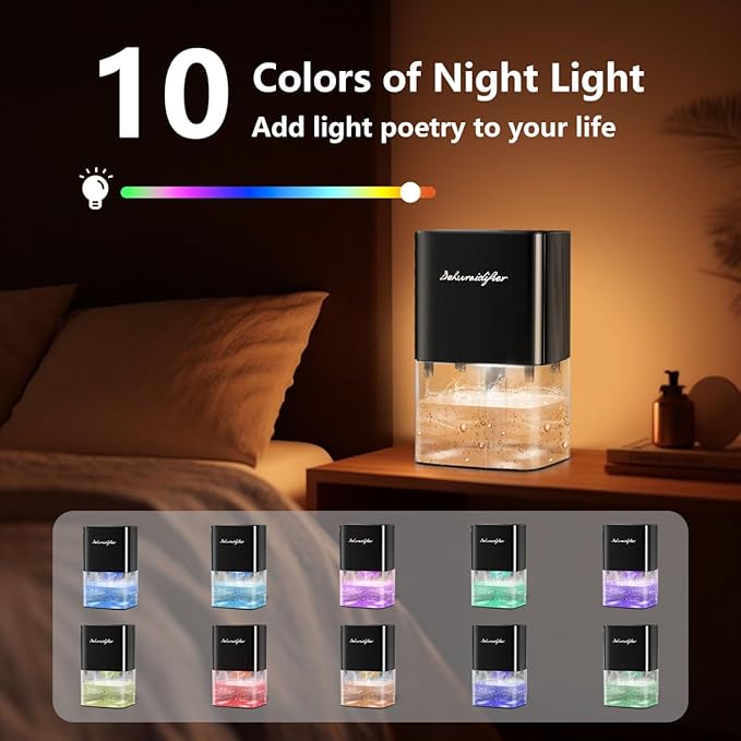 Dehumidifier 58OZ 1657ML Small Dehumidifier for Home Safety Dehumidification 5 Timers 3 Setting Modes Auto Shut Off Protection Adjustable 10 Color Lights Low Noise For Bedroom Bathroom 230 Ft²