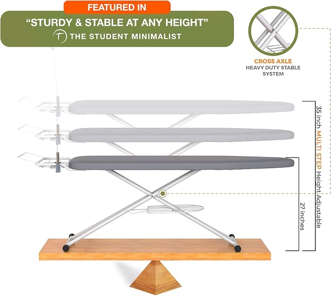 Ironing Board 43" x 13" Foldable with Wall Hanger, Full Size | Heavy Duty, Height adjustable, full-metal frame, heat-resistant cover, iron rest, anti-slip feet