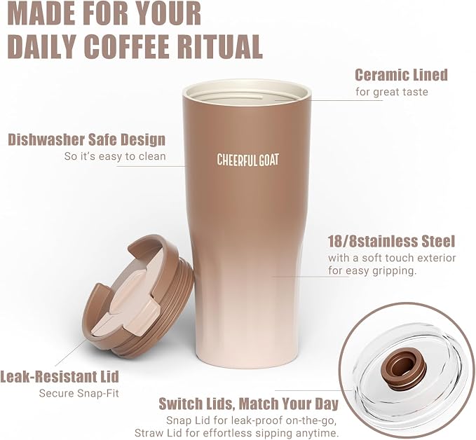 CHEERFUL GOAT Ceramic Lined Coffee Travel Mug – Stainless Steel Travel Coffee Tumbler with Ceramic Liner, with lid, 21 OZ Cup for Hot and Cold Water Coffee at Home, Office, or On the Go (Latte Ombre)