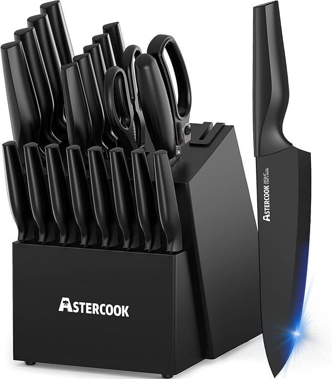 Knife Set, Astercook 21 Pieces Knife Sets for Kitchen with Block, Dishwasher Safe Kitchen Knife Set with Built-in Sharpener, German Stainless Steel Black Knife Block Set, Fathers Day Gift for Men