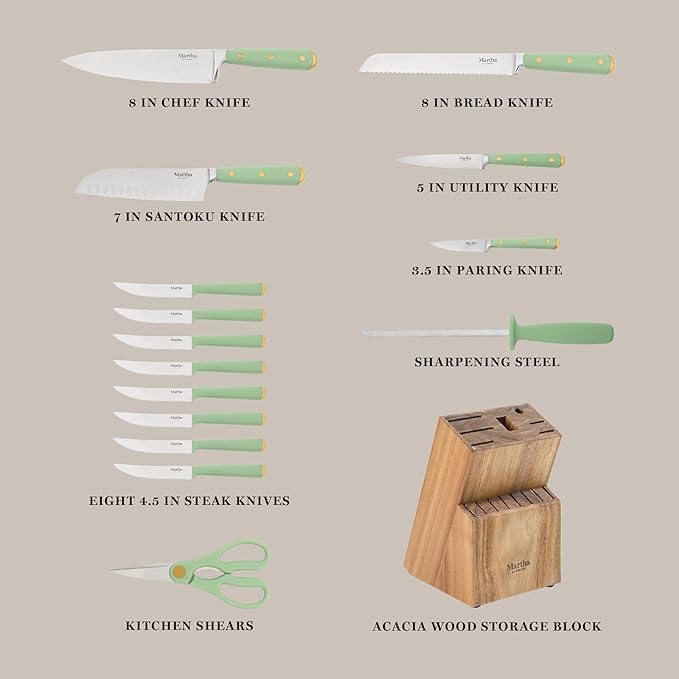 Martha Stewart 16-Piece Lockton High Carbon Stainless Steel Knife Block Set - Forged Full Tang Chef Knives, Acacia Wood Block, Triple Riveted Handles, Sage Green & Gold