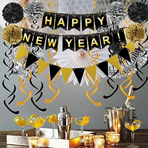 Fecedy Happy New Year Set Black Banner with Gold Black Paper Flag Bunting Swirl Streamers & Pom Poms for Happy New Year Party Decorations