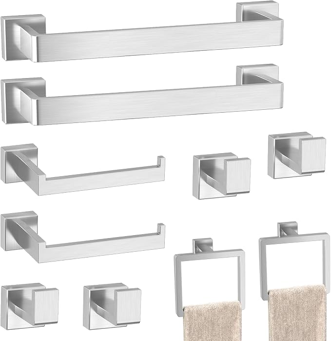 Bathroom Accessories Towel Bar Set: 10 Pieces Brushed Nickel Square Bathroom Hardware SUS304 Stainless Steel - Wall Mounted Towel Rack&Toilet Paper Holder&Towel Ring and Towel Hook