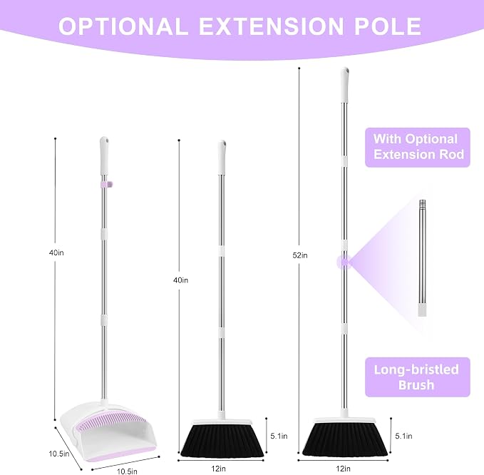 Broom with Dustpan Combo Set for Home, 52-in Long Adjustable Handle Angle Broom and Dustpan Set with Dustpan Comb Teeth for Sweeping Pet Hair Food Dirt Kitchen (White-Purple)