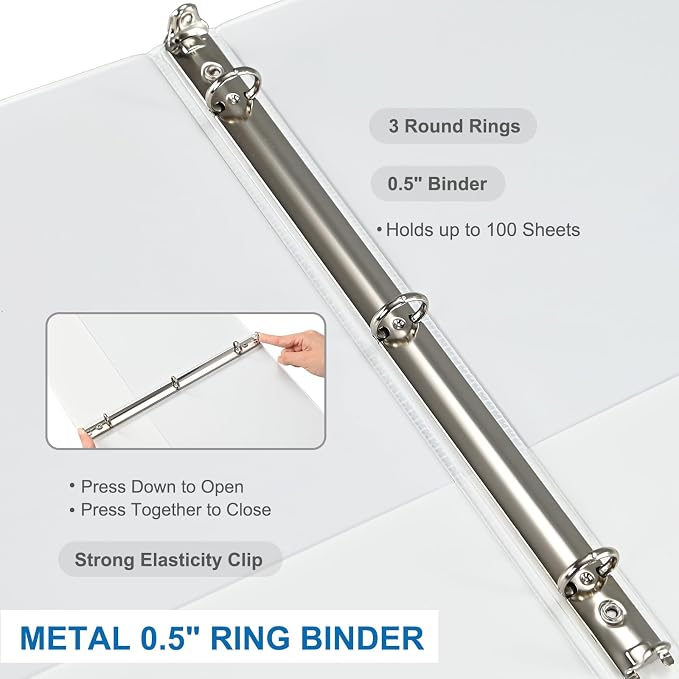 Durable 1/2 Inch 3-Ring Binder, 0.5-inch Round Ring Binder with 2 Inside Pockets, 12 Pack White Binders, Clear View CoverBinder Holds 8.5'' x 11''Paper for Office/Home/Back to School