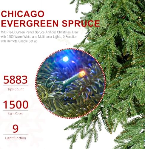Glitzhome 15ft Prelit Artificial Christmas Tree, Slim Pencil Christmas Tree Chicago Evergreen Spruce with 1,500 Warm White & Multi-Color LED Lights, Hinged Xmas Tree Easy Setup for Holiday Decor