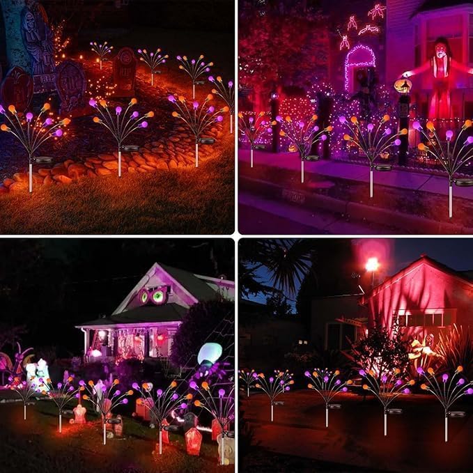 OZS 6Pack 48LED Solar Firefly Halloween Lights Outdoor for Party Decor | Purple Orange Lights for Halloween Decorations, Swaying Firefly Effect, IP65 Waterproof, 2 Modes for Path Garden Yard