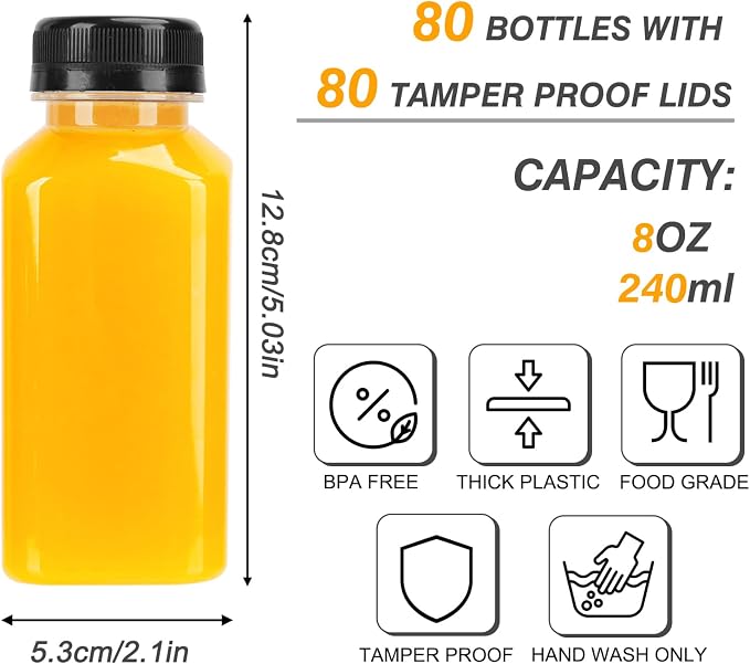 TOMNK 80pcs 8oz Plastic Juice Bottles with Caps Empty Reusable Clear Bottles with Label, Funnel and Brush Beverage Containers Bulk with Lids for Juicing, Smoothies, Fridge
