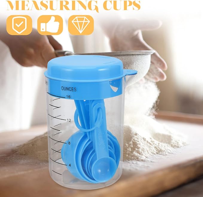 Measuring Cups and Spoons Set 2 Sets 500ml and Dry Measuring Cups Measure Spoons Kitchen Gadgets for Cooking Baking Sky-Blue(Color:Sky-Blue) (Sky blue)