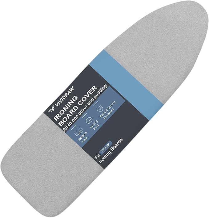 VividPaw Ironing Board Cover and Pad, 15x49, Thick Padding, Elastic Edge, Silicone Coated, Resist Scorching, Adjustable Fastener, 15x48, Heavy Duty Padded Iron Board Covers Grey