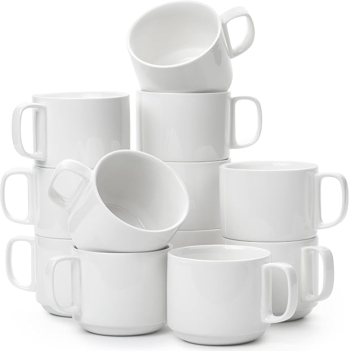 BTaT- Porcelain Stackable Coffee Mugs, 12 Pack, 12 oz, White | Ceramic Coffee Cups, Dishwasher and Microwave Safe