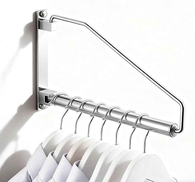 NEWRAIN Laundry Hanger, Wall Mounted Clothes Hanger with Swing Arm Holder Brass Hanging Drying Rack Space Saver,Chrome
