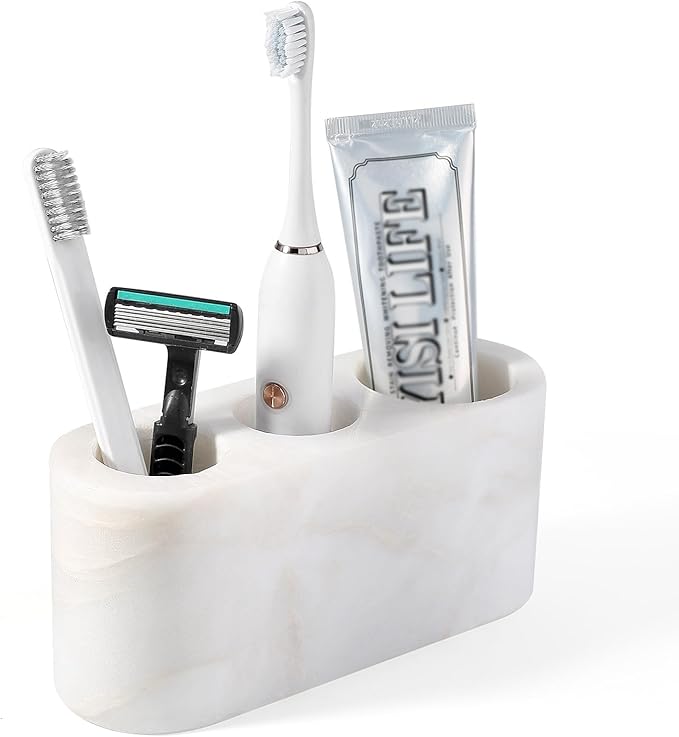 BCS Toothbrush Holder for Bathrooms, 3 Slots Marble Toothbrush Organizer, Makeup Brush Stand Toothbrush Storage Collection for Bathroom Countertop Vanity Organization - White