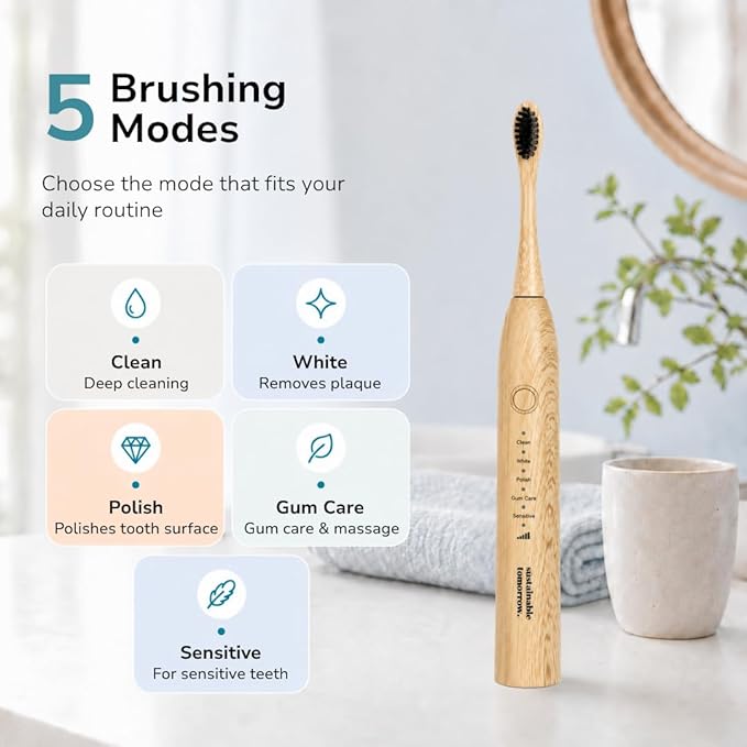 Sustainable Tomorrow Zen Bamboo Electric Toothbrush, Durable Wood-Grain ABS Handle, Rechargeable w/Plant-Based Soft Bristles, Bamboo Heads, 5 Modes & 30-Day Battery