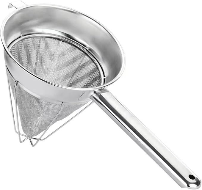 8-Inch Stainless Steel Fine Mesh Chinois Strainer | Large Strainer Reinforced Bouillon Strainer for Sauces, Soups, Purees, Pastes, Jelly, Custard, Curds and etc.