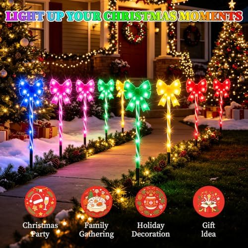 Solar 5PCS Christmas Bow 50LED Outdoor String Lights with Stakes Multicolor