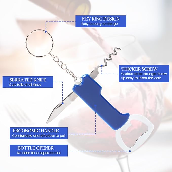 24 Pcs Bottle Opener Keychain Bulk Wine Bottle Beer Opener Keychain 3.27" Stainless Steel Corkscrew Waiter Corkscrew Wine Keyring Gifts for Christmas Bar Party Wedding Home (Blue)