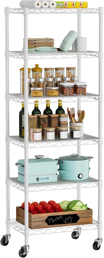 Golpart Small 6 Tier Shelves Storage Wire Shelving Unit Metal Shelf Adjustable Organizers Storage Shelving with Wheels for Bathroom Laundry Room Kitchen Pantry11.7”D x 17.7”W”W x 61.6”H White