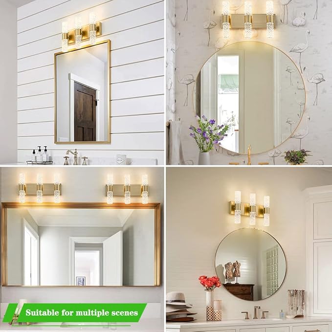 Gold Bathroom Light Fixture, Modern Brushed Vanity Light with Crystal, 6 Light Bathroom Vanity Light Fixtures Over Mirror, 27w LED Hardwired Wall Sconce, Warm White