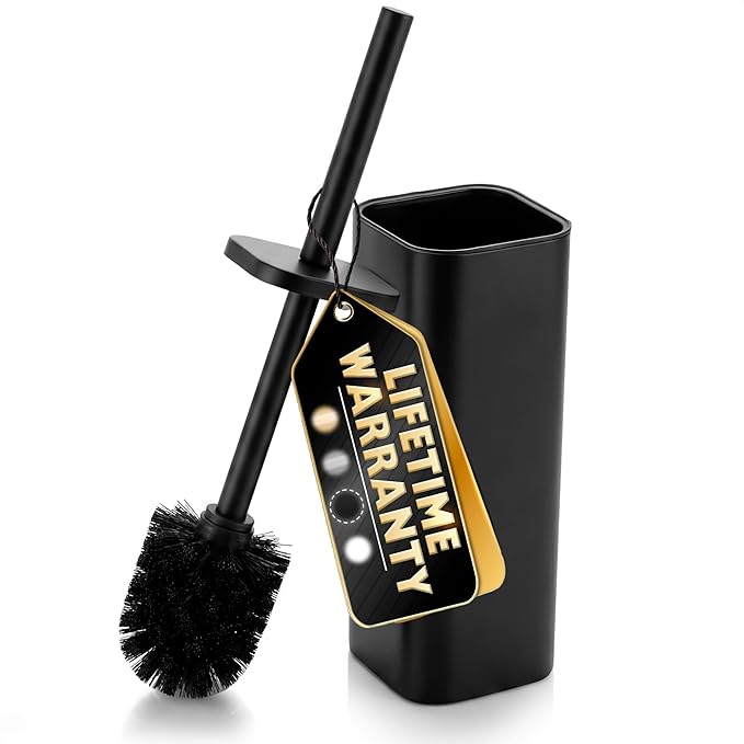 Black Toilet Brush with Square Stainless Steel Holder - Freestanding Toilet Brush and Holder Set Black - Removable Plastic Inner Cup, Splash Guard Cover, Replaceable Head, Corrosion Resistant Finish