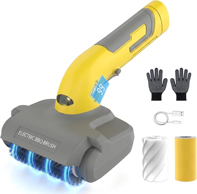 Electric Grill Brush with LED Light,3-in-1 Replaceable Brush Heads, 1200 RPM Speed, Cordless & Type-C Rechargeable Grill Cleaning Tool for Outdoor BBQ(Yellow-Gray)