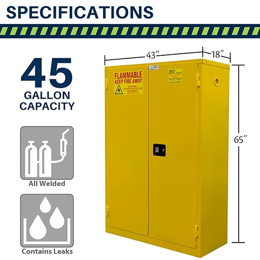 Jamco 45 Gallon Steel Flammable Safety Cabinet, Manual Doors, Yellow | All-Welded Double-Wall Steel Flammable Storage Cabinet, Lockable Doors, 43"W X 18"D X 65"H, Osha & Fm Certified, Made In Usa