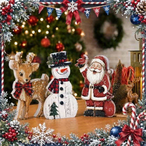 Barydat 3 Pcs Christmas Table Decoration Wooden Snowman Santa Reindeer Sign