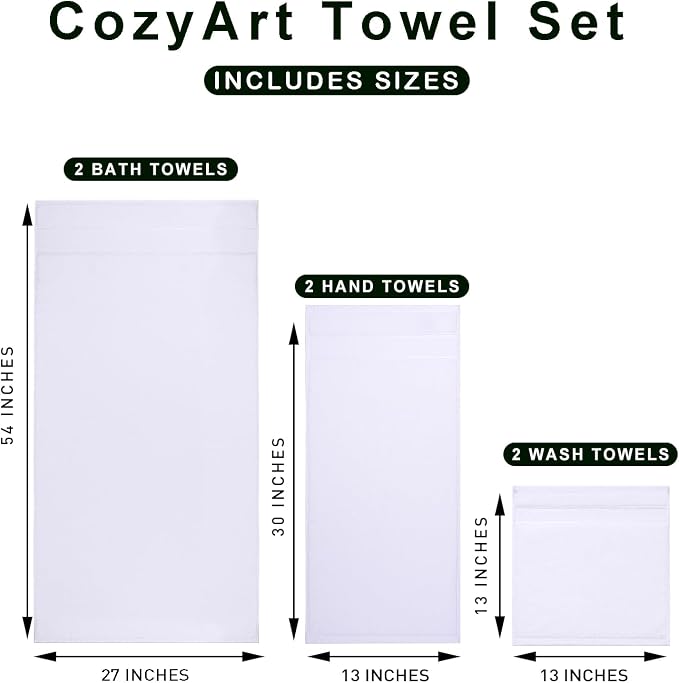 COZYART Bath Towel Set 6 PCS, Luxury White 100% Turkish Cotton 650GSM | Soft Absorbent Quick Dry, OEKO‑Tex 100 Cert. Zero Twist Ring Spun Cotton, Plush Fluffy, Breathable Hotel Quality Towels Set