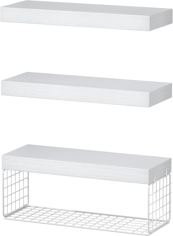 QEEIG Bathroom Shelves Over Toilet - Wall Mounted Floating Shelves Toilet Paper Storage Small Farmhouse Decor Shelf 16 inch Set of 3, White (019-W3)
