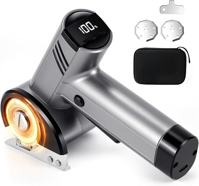 Electric Box Cutter, 4-Speed Cordless Electric Scissors for Heavy Duty Cardboard & Fabric, Rechargeable Cardboard Cutter with LED Light, Comes with a charging cable Storage Case & 2 Extra Blades（grey）