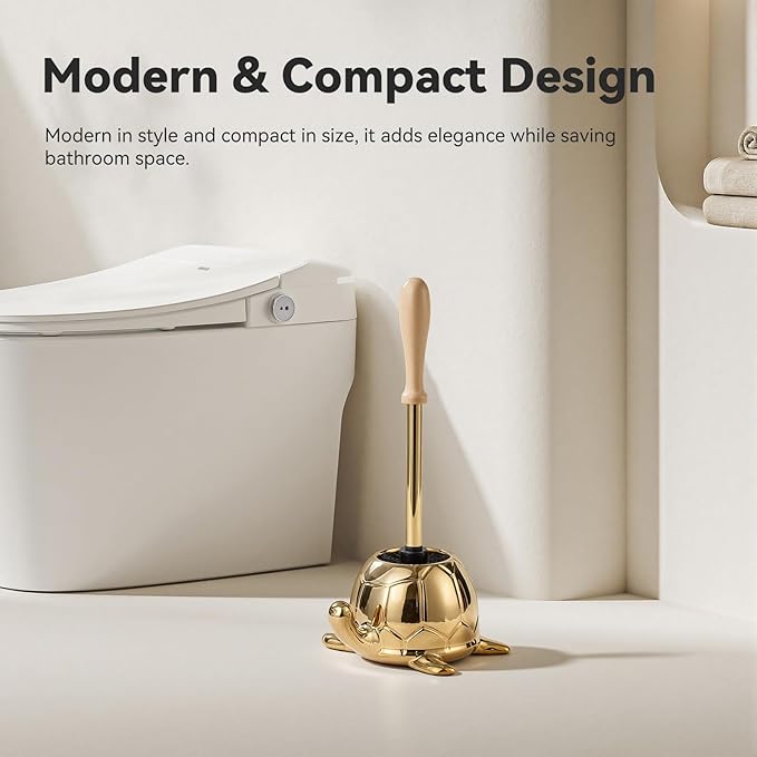 Turtle Base Toilet Brush Set - Gold Ceramic Toilet Scrubber Brush 7.5” Bowl Cleaner with Ergonomic Handle, Mini Cute Bathroom Cleaning Brush - Bathroom Decor