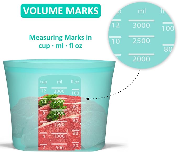 Reusable Food Storage Bags Extra Large, 0.8 Gallon/101 fl.oz/3000 ml, 4 Pack 100% Silicone Food Storage Bags Stand-Up Wide-Mouth Zip-Lock for Large Items, Freezer Microwave Oven Dishwasher Safe, Aqua