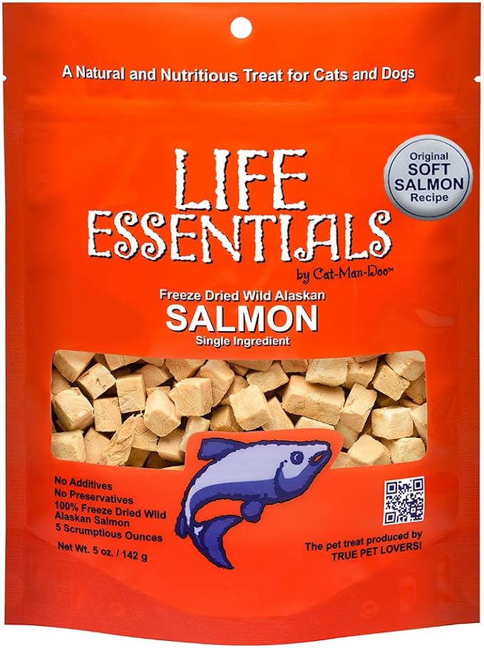 Life Essentials by Cat-Man-Doo | Freeze Dried Salmon Treats | 5oz Bag | Freeze-Dried, Premium Wild Caught Salmon, Healthy, Single Ingredient, High Protein, Pet Treats, Food Topper for Cats & Dogs