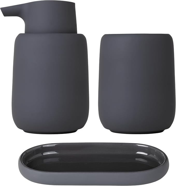 blomus Sono Soap Dispenser 250 ml Ceramic Hand Soap Dispenser in Dark Grey Diameter 8 x 14 H cm Colour Magnet Liquid Soap Dispenser with Pump Head