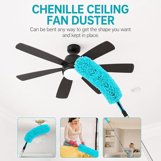High Ceiling Duster Kit with 5-24FT Heavy Duty Extension Pole, Reaches Up to 30FT, Includes Microfiber Feather Duster, Cobweb and Ceiling Fan Duster, Window Squeegee Cleaner & Skylight Hook (24FT)