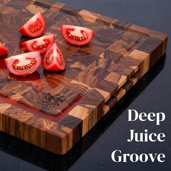 Teak Wood End Grain Cutting Board 13.8 x 9.8 Inch, Solid Wood Kitchen Cutting Board for Meat & Daily Prep, Knife-Friendly Cutting Board with Juice Groove & Handle by New M Way