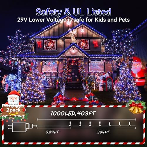Hezbjiti 2 Pack 1000 LED 403 FT Christmas String Lights Outdoor, 8 Lighting Modes IP44 Waterproof Fairy Lights with Timer and Dimmable Function for Party Tree Decorations (Blue, Clear Wire)