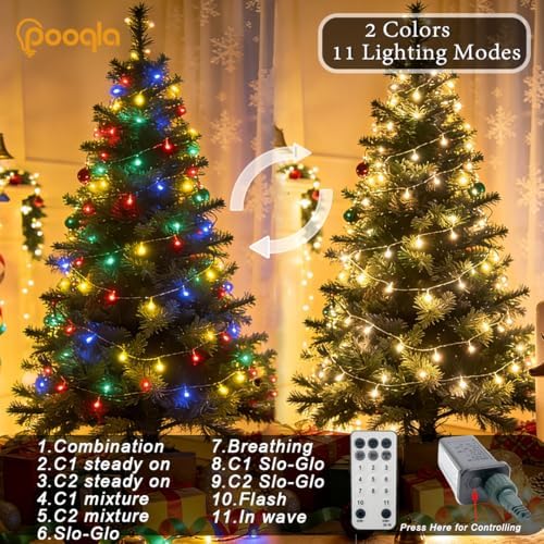 Pooqla 200 LED Color Changing String Lights, 66 ft Warm White to Multicolor Christmas Lights Plug in with Remote, Connectable 11 Modes Waterproof Clear Wire Twinkle Fairy Lights Indoor Outdoor Decor