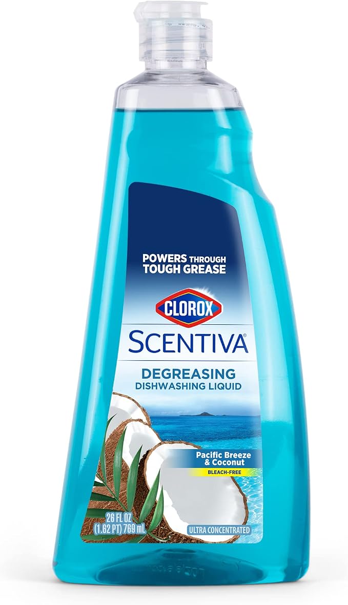 Clorox Scentiva Liquid Dish Soap, Pacific Breeze and Coconut Scent - Ultra-Concentrated Dishwashing Liquid That Cuts Through Grease and Food Residue, Bleach-Free, 26 Fl Oz