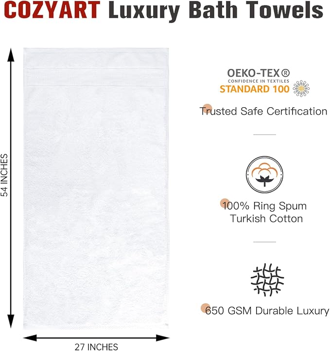 COZYART Luxury Bath Towels 2 PCS, White 100% Turkish Cotton 650 GSM | OEKO-Tex 100 Certified Zero Twist Ring Spun, Soft Absorbent Quick Dry, Plush Fluffy, Breathable Hotel Quality for Daily Use
